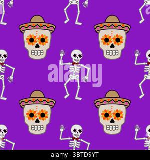 Seamless vector pattern featuring cheerful dancing skeletons with floral skull motifs and sombreros, set against a vibrant purple backdrop, perfect fo Stock Vector