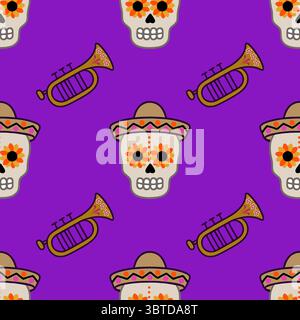 Vibrant Vector Seamless Pattern Featuring Day of the Dead Skulls in Sombreros and Ornate Trumpets on a Purple Background Stock Vector