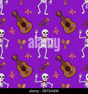 Festive Day of the Dead vector seamless pattern with dancing skeletons, guitars, trumpets, and maracas on a vibrant purple background, perfect for vib Stock Vector