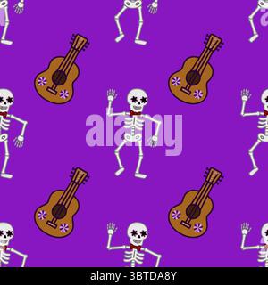 Seamless vector pattern featuring dancing skeletons with floral eye makeup and decorative guitars on a vibrant purple background, perfect for Day of t Stock Vector