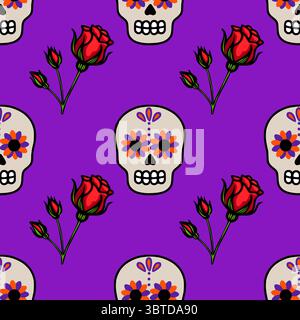 Seamless vector pattern featuring vibrant Day of the Dead sugar skulls adorned with orange and purple flowers, accompanied by stylized red roses on a Stock Vector