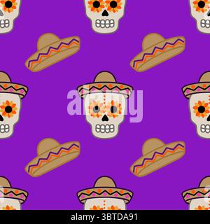 Seamless vector pattern featuring vibrant Day of the Dead sugar skulls adorned with sunflowers and traditional sombreros on a rich purple background, Stock Vector