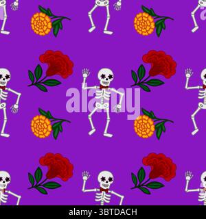 Seamless vector pattern featuring dancing skeletons with floral marigold and red flower accents on a vibrant purple background, perfect for Day of the Stock Vector