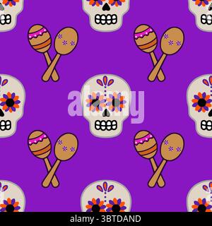 Vibrant vector seamless pattern featuring Day of the Dead sugar skulls adorned with orange and purple flowers, playfully interspersed with maracas on Stock Vector