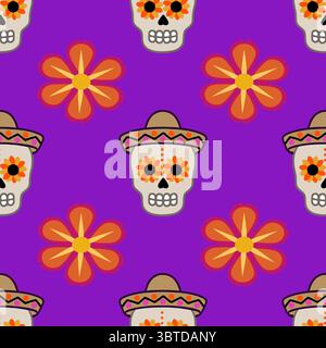 Festive Day of the Dead vector seamless pattern with sugar skulls wearing sombreros and vibrant orange flowers on a purple background, perfect for tex Stock Vector