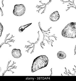 Black and white marine seamless pattern with variety of seashells and coral branches. The hand drawn vector illustration in sketch style. Ideal for Stock Vector