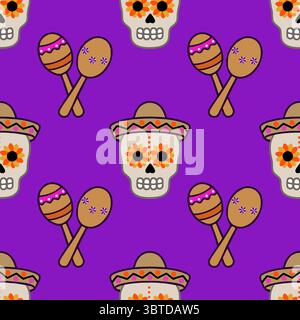 Seamless vector pattern featuring vibrant Day of the Dead sugar skulls wearing sombreros, adorned with sunflowers, playfully paired with maracas on a Stock Vector