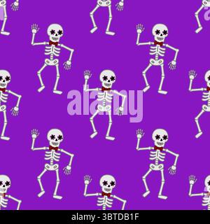 Seamless vector pattern of dancing skeletons with floral eye decorations and red bow ties on a vibrant purple background, ideal for Halloween or Day o Stock Vector
