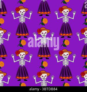 Seamless vector pattern featuring cheerful Calaveras Catrinas in vibrant purple, orange, and red hues, adorned with marigolds, celebrating Dia de los Stock Vector