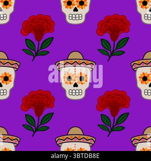 Vibrant vector seamless pattern featuring Dia de Muertos sugar skulls in sombreros, adorned with sunflowers, and complemented by stylized red flowers Stock Vector