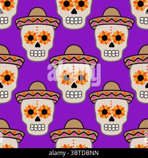 Festive Vector Seamless Pattern of Calaveras Skulls in Sombreros with Floral Eye Designs on Vibrant Purple Background Stock Vector