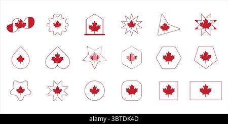 Canadian red and white maple flag in various shapes – vector set Best for patriotic themes, travel graphics, educational content, national celebration. Stock Vector