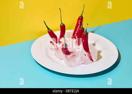Multiple red chili peppers frozen in ice cubes on white plate with colorful background Stock Photo