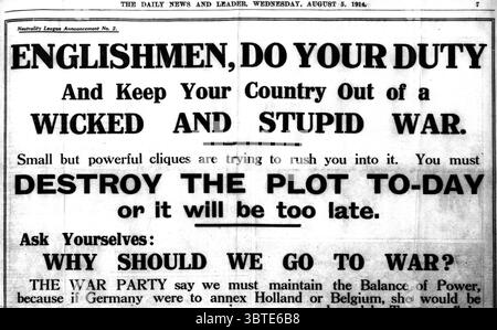 Englishmen , do your duty and keep your country out of a wicked and stupid war . The Daily News and Leader  5th August 1914 Stock Photo