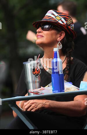 Lori Riedel Los Angeles Chargers fans watch warmups before an NFL football game ...