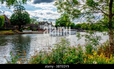 Paddle steamer river boat passes pub  on Thames at Thames Ditton in the summer Stock Photo