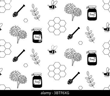 Cute bees, honey in jar, hive, honey spoon seamless pattern. Vector graphic line illustration. Silhouette sign for logo, print, comics, fashion, pop a Stock Vector