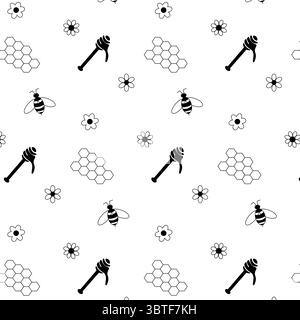 Honey and bee comb simple flowers seamless pattern. Vector graphic line illustration. design for fashion graphics, textile prints, fabrics, wallpapers Stock Vector