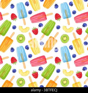 Colorful summer pattern with frozen ice cream and fresh fruit in cartoon style. Kiwi, raspberry, pineapple and blueberry. Perfect for wrapping paper Stock Vector