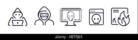 Hacker Malware Icon Set Featuring Cybercrime, Virus Attack, Spyware, Skull Symbol, Data Breach Threats In Line Style For Cyber Security Topics. Vector Stock Vector