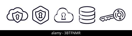 Cloud Security Line Icons Set for Data Encryption, Database Safety, Key Access, Database Storage Protection, Cloud Lock Pictograms For Tech Projects Stock Vector