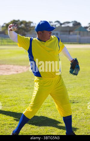 Baseball pitcher winding up to pitch on grass field near dirt infield, with pavilion and trees Stock Photo