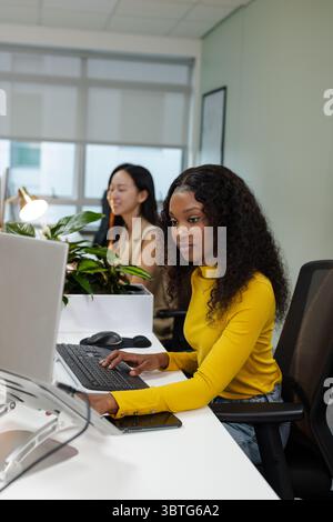 Diverse female colleagues typing on desktop computers at desks by window with plant, copy space Stock Photo