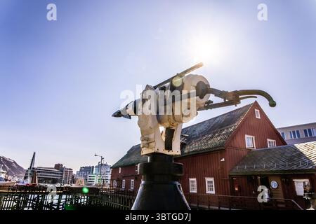 Whaling harpoon outside the Polar Museum (Polarmuseet) in Tromso, Troms County, NorwayTromso is a city in Tromsø Municipality in Troms county, Norway. Stock Photo