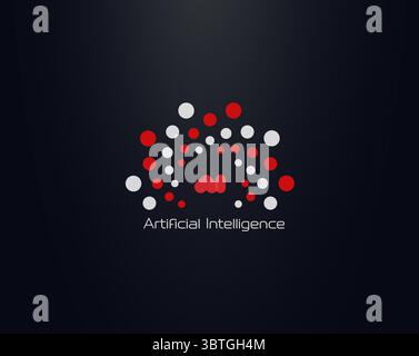 Artificial Intelligence Logo With Red And White Neural Dots Forming Brain Pattern On Dark Background. Ideal For AI, Data, Innovation, Tech Startups Stock Vector