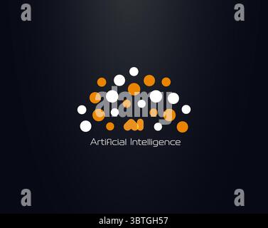 Artificial Intelligence Logo With Orange And White Neural Network Dots Forming Abstract Brain Shape On Dark Background. Ideal For Tech, AI, Data And Stock Vector