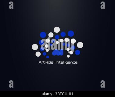 Artificial Intelligence Logo With Blue And White Neural Network Dots Forming Abstract Brain On Dark Background. Perfect For AI, Tech, Data, Machine Stock Vector
