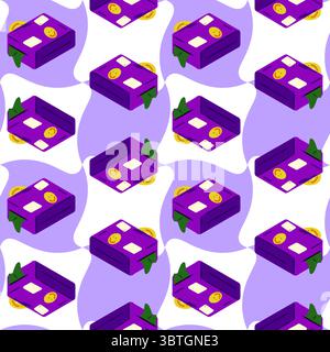 Travel Suitcase Seamless Pattern Design. Purple cartoon suitcases with stickers on wavy lilac and white background, flat isometric style. Stock Vector