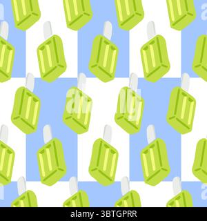 Green Ice Cream Seamless Pattern. Stylized green summer ice cream bars on geometric blue and white background, flat cartoon style. Stock Vector
