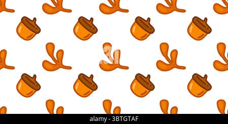 Acorns and Branches Seamless Pattern. Cute cartoon acorns and abstract autumn twigs arranged in soft seasonal layout on white background. Stock Vector