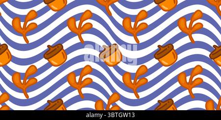 Autumn Acorns Wavy Seamless Pattern. Bright cartoon-style acorns and orange branches on a blue wavy striped background. Seamless autumn pattern in fla Stock Vector