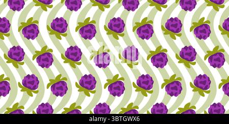 Clover Flowers Seamless Pattern Design. Cartoon clover flowers in purple and green on a wavy green striped background. Seamless botanical pattern in f Stock Vector