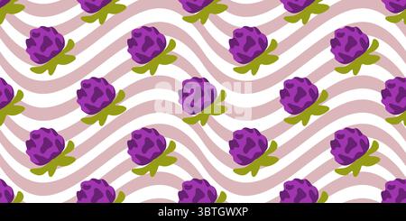 Purple Clover Flower Seamless Pattern. Flat cartoon clover flowers in purple and green on a wavy pink striped background. Bright floral seamless patte Stock Vector