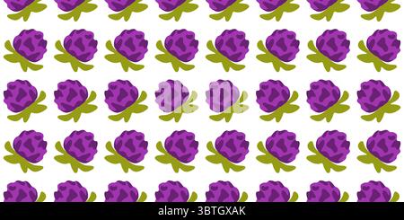 Purple Clover Seamless Pattern Design. Flower heads with green leaves arranged in a clean grid on white background. Flat botanical seamless pattern in Stock Vector
