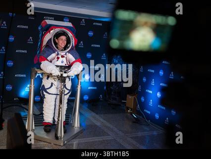 A spacesuit prototype is seen during a demonstration at Axiom Space's ...