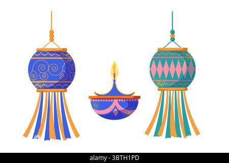 Traditional Indian festival of lights Diwali. Set of attributes for festive decor. Vector illustration of oil lamp, candles lanterns and decorations. Stock Vector