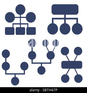 A set of vector illustrations featuring diverse organizational charts with circles and rectangles, showcasing various hierarchical structures in a min Stock Vector