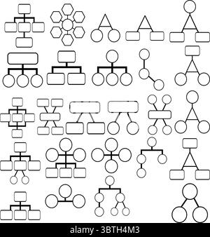 Collection of diverse vector organizational charts, including hierarchical, radial, and hybrid structures, featuring both rectangular and circular nod Stock Vector