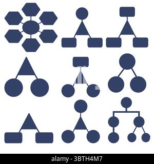 Collection of vector organizational chart diagrams, featuring various shapes including hexagons, circles, triangles, and rectangles, in a dark blue co Stock Vector