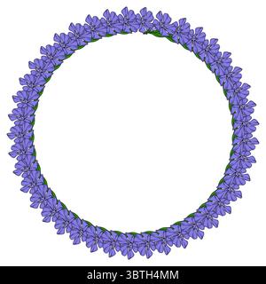 Elegant vector round frame with a delicate arrangement of periwinkle flowers, perfect for invitations, cards, or decorative elements. Stock Vector