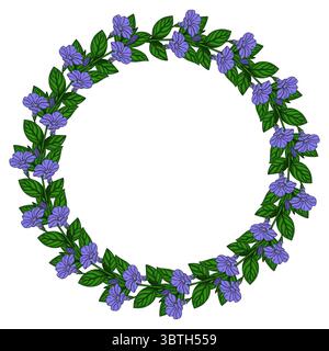 Elegant vector wreath design featuring a circular arrangement of delicate purple flowers and lush green leaves, perfect for invitations, cards, or dec Stock Vector
