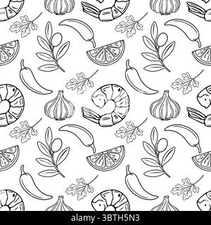 Seamless vector outline pattern of grilled shrimp, garlic, chili peppers, lemon slices, olives, and parsley sprigs, in a minimalist black and white li Stock Vector