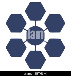Abstract vector illustration of a central circle connected to six hexagonal shapes, creating a unique geometric design in a deep navy blue color. Stock Vector