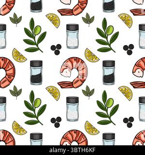 Seamless vector pattern of grilled shrimps, lemon slices, peppercorns, salt and olive branches on white background - a vibrant illustration for culina Stock Vector