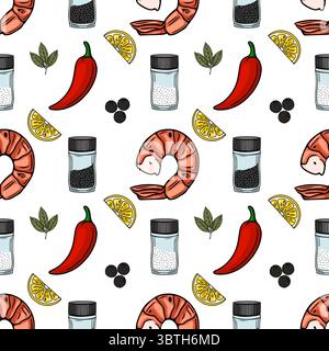 Seamless vector pattern of grilled shrimp, lemon slices, chili peppers, bay leaves, salt, and peppercorns, creating a vibrant and appetizing culinary Stock Vector