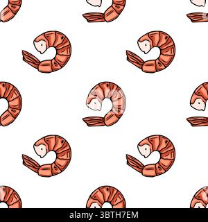 Seamless vector pattern of hand-drawn orange shrimps on white background, perfect for food packaging or seafood restaurant menu design. Stock Vector